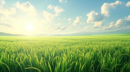 Obraz premium A lush rice paddy field with neat, under a bright, sunny sky, green rows stretching into the horizon.