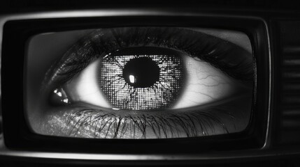 A close-up of a woman's eye, seen through a television screen, with a pixelated effect. The image evokes a sense of digital surveillance and the impact of technology on our lives.