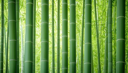 Obraz premium Lush Green Bamboo Forest with Tall Stalks Reaching Towards Bright Light in a Serene Nature Setting, Perfect for Tranquility and Peaceful Ambience