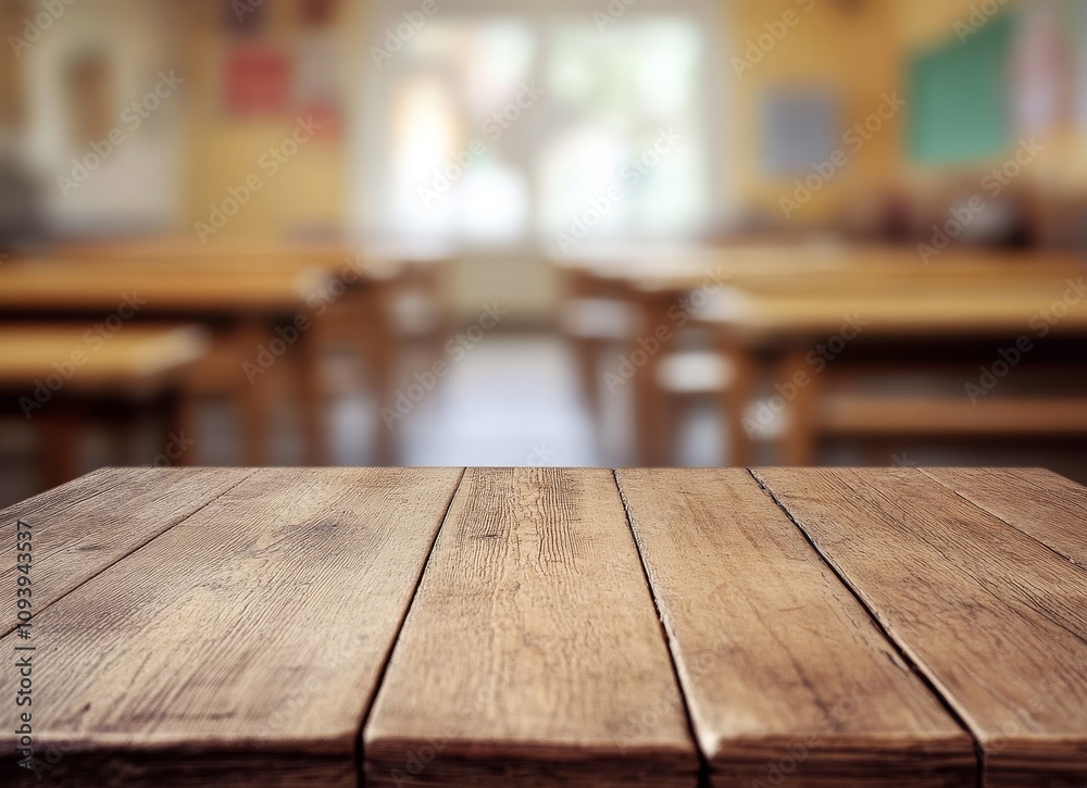 Poster empty wooden table in a blurred classroom setting.
