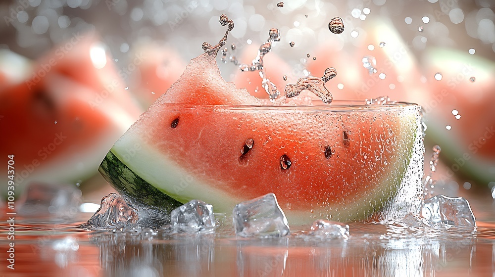 Aufkleber Refreshing Watermelon Slice Exploding with Icy Splash and Dew Drops in High Definition : Generative AI