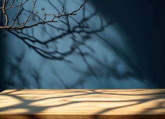 A wooden table with a branch and its shadow projected on a blue background.