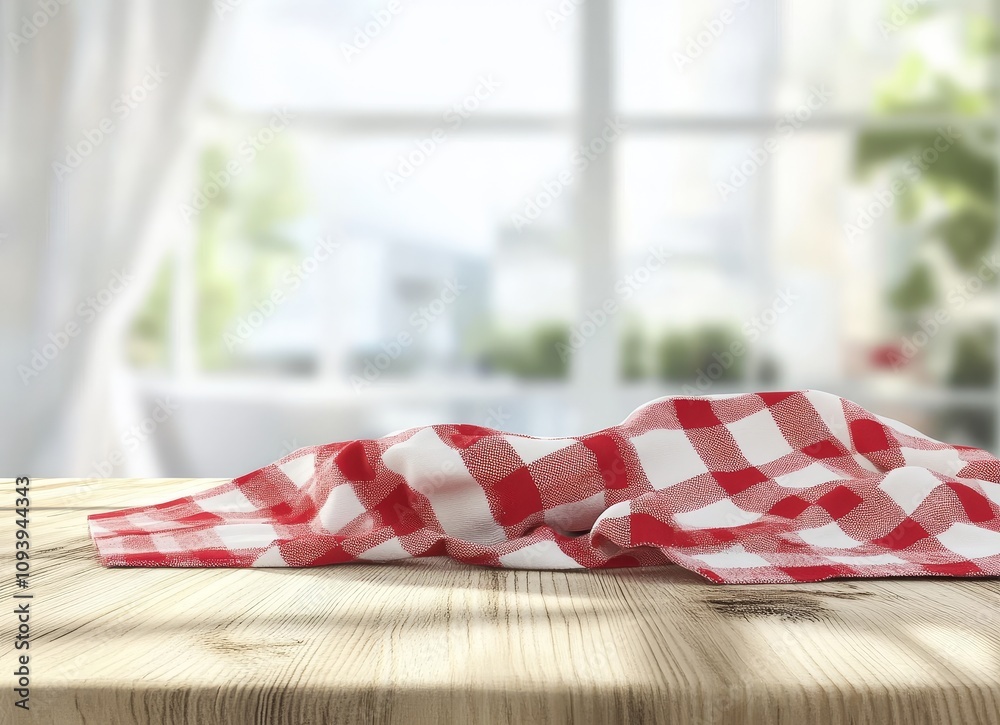 Poster red and white checkered tablecloth on a wooden table with a blurred window background.
