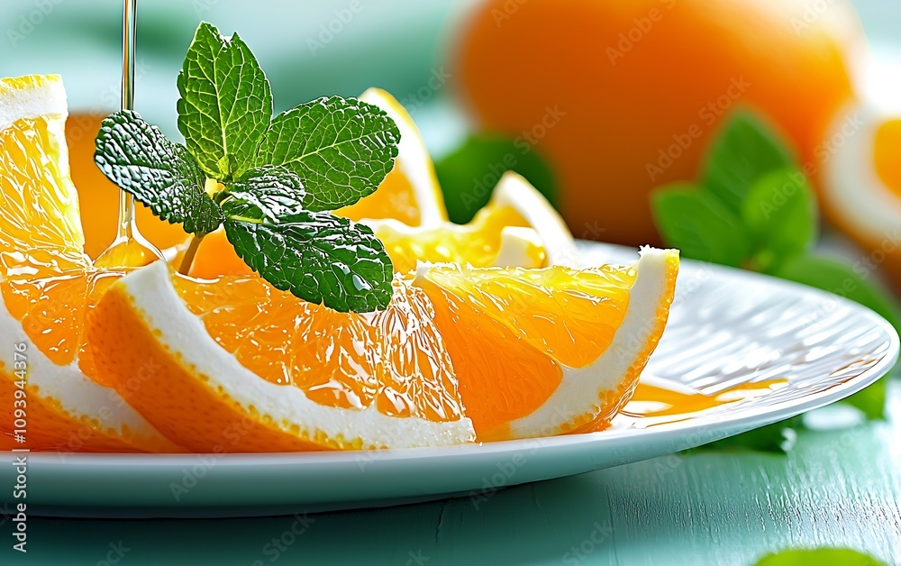 Aufkleber orange slices with mint on plate drizzled with citrus syrup capturing refreshing essence of summer :