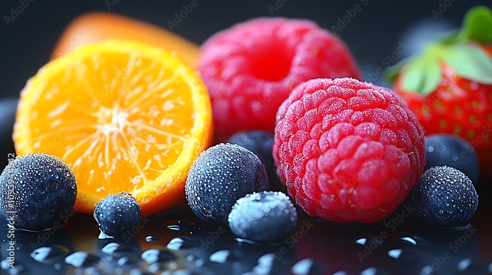 Poster fresh vibrant fruits selection featuring colorful berries and oranges : generative ai