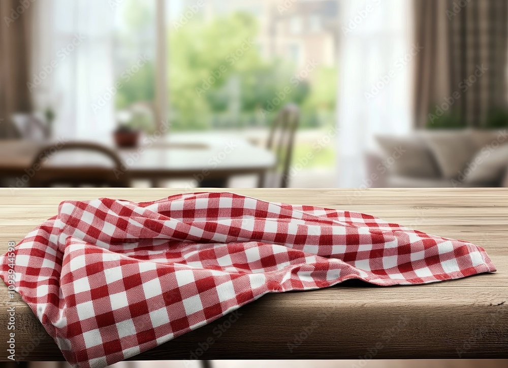 Poster red and white checkered tablecloth on a wooden table with a blurry background of a dining room.