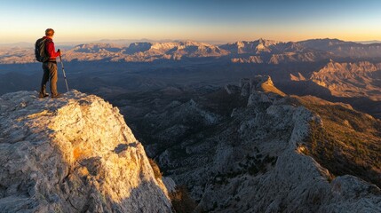 Fototapeta premium A hiker standing on the edge of a cliff, gazing out at vast mountain ranges stretching into the horizon, with golden hour sunlight casting long shadows across the rugged terrain