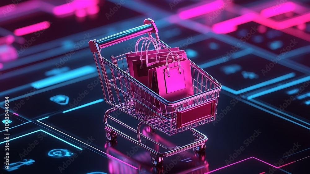 Poster digital shopping cart with neon shopping bags in futuristic setting : generative ai