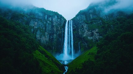 Fototapeta premium Majestic Waterfall Cascading Down Lush Green Mountains in a Misty Landscape Surrounded by Enchanting Forest and Natural Wonders
