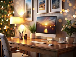 Modern Office Workspace Featuring a Computer and Art Frame, Captured with Bokeh Effect for Enhanced Visual Appeal and Professional Atmosphere in a Stylish Office Room