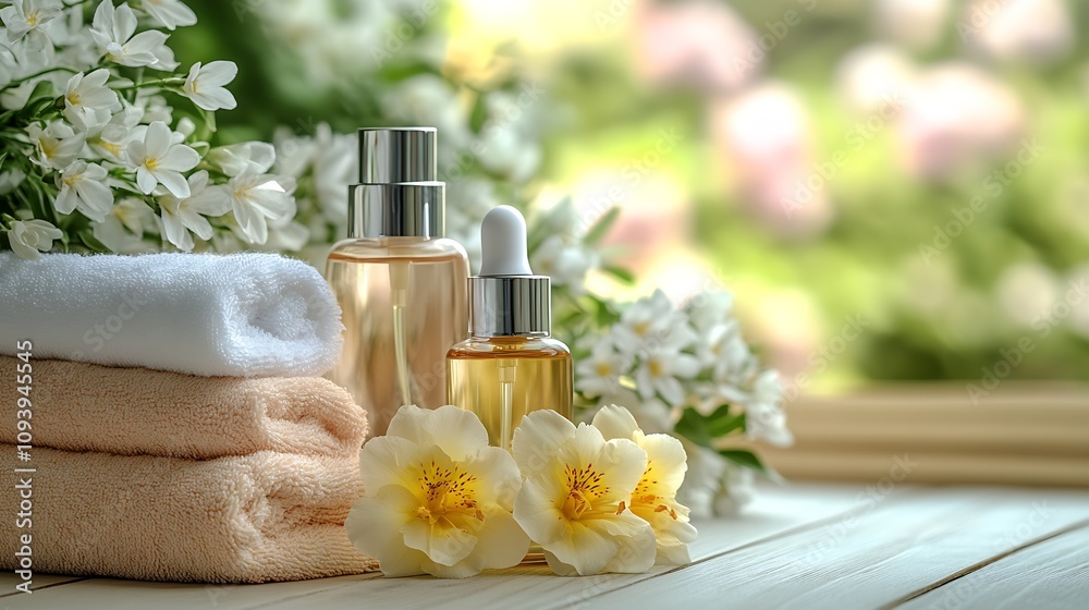 Poster luxurious spa setting with aromatic oils flowers and towels for relaxation : generative ai