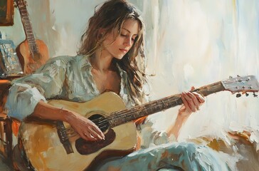 Woman Playing Acoustic Guitar In Soft Light