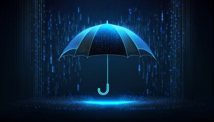 A glowing blue umbrella under a digital rain, creating a futuristic and serene atmosphere.
