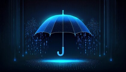 A glowing blue umbrella surrounded by digital rain, symbolizing protection and technology in a futuristic setting.