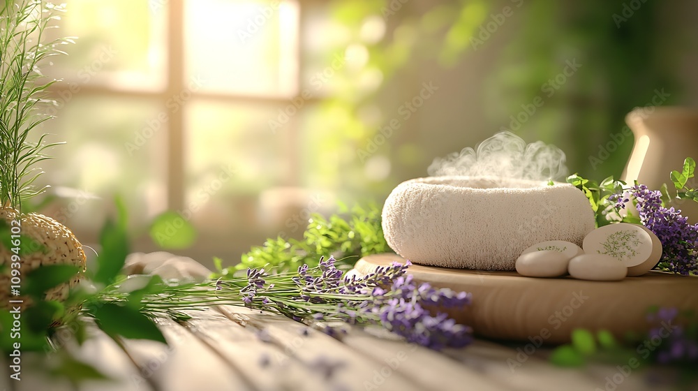 Poster Scenic Spa Setting with Steaming Towel and Aromatic Lavender in Sunlit Room : Generative AI