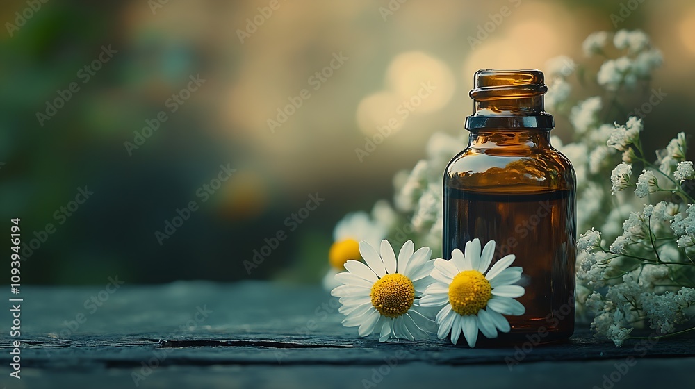 Aufkleber rustic aromatherapy setup with brown essential oil bottle and white daisies on wooden surface : gene