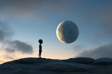 a surreal scene of a figure standing on a rocky landscape under a large moon