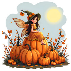 Fototapeta premium Whimsical fairy sitting on a pumpkin surrounded by autumn leaves and sunlight, digital art of fantasy concept.
