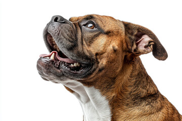 Obraz premium English Bulldog. A close-up of a happy, attentive dog with a focused expression, showcasing its distinct features and fur pattern against a white background.