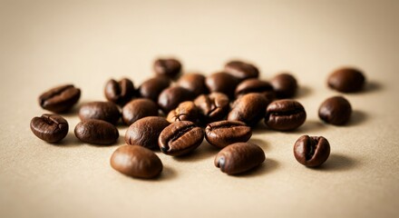 Naklejka premium A handful of coffee beans scattered across a pale beige backdrop