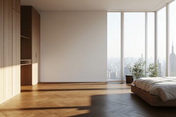 Fototapeta premium A minimalist bedroom with a large window overlooking a city skyline. Sunlight streams through the window, illuminating the room.