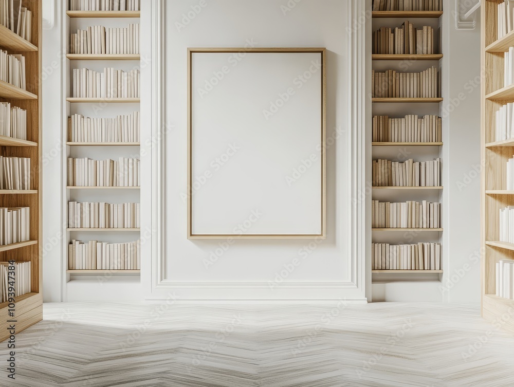 Aufkleber A large empty picture frame hangs on a white wall between two bookshelves filled with books. The bookshelves are made of wood and are lined with white books