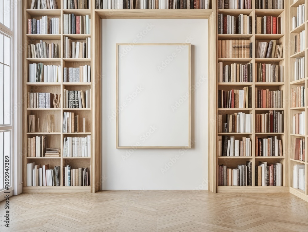 Aufkleber a large blank canvas mockup hangs between two full bookshelves in a light and airy room with hardwoo