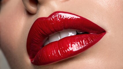 Obraz premium Cherry red lips shine brightly their highgloss finish elevating the colors intensity. The light bounces off the surface captivating the viewer and creating a striking focal point