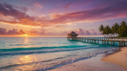 sunset at the beach, Exotic Tropical Beach with White Sand and Vibrant Sunset