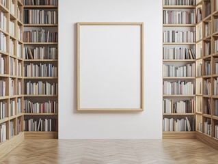 A blank canvas in a wooden frame is mounted on a white wall with bookshelves on either side filled with books, standing in front of a wood floor.