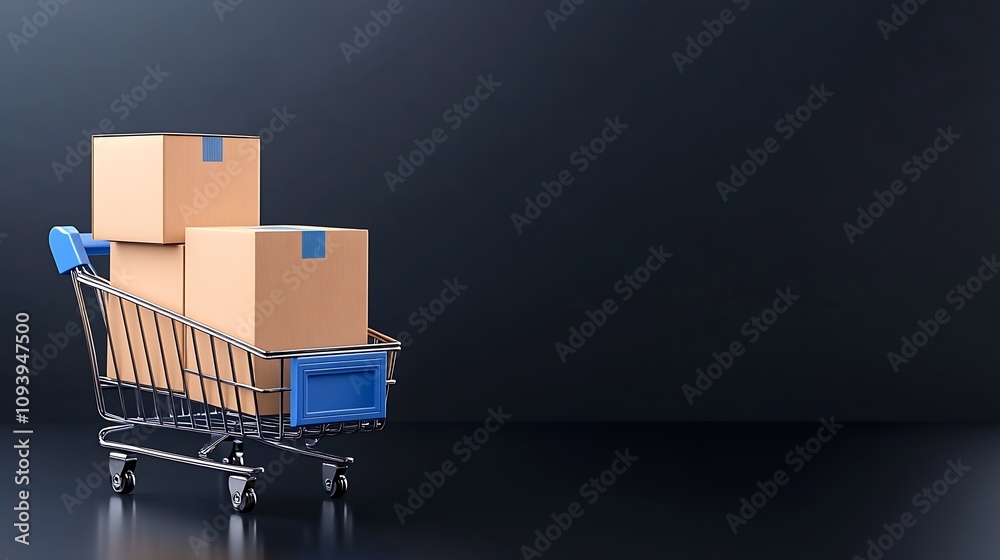 Poster shopping cart with cardboard boxes on dark background ecommerce and logistics concept image : genera