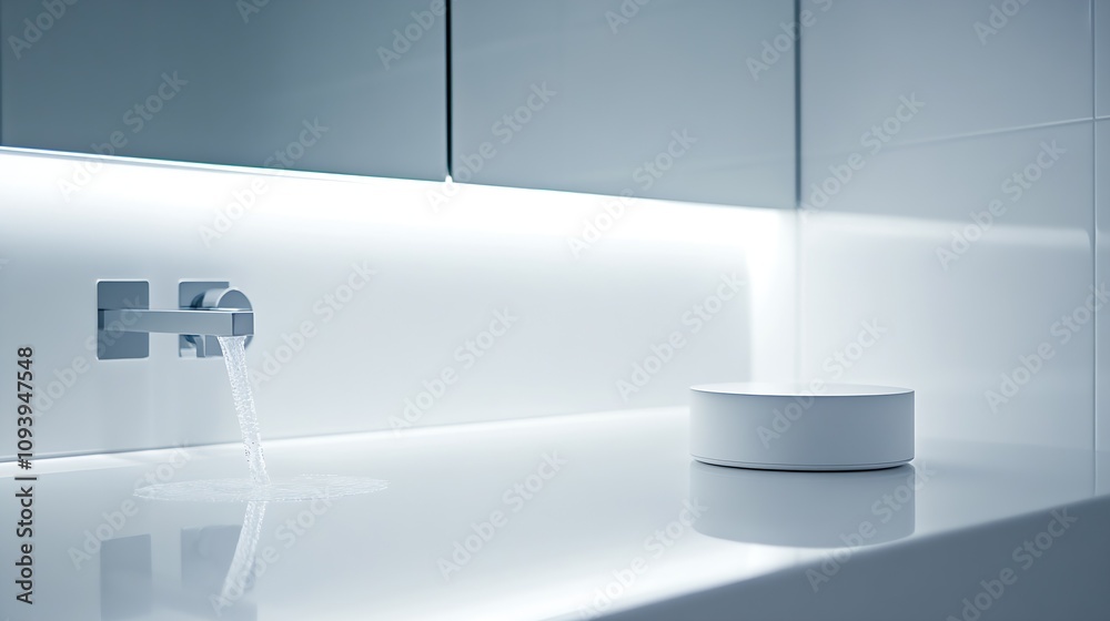 Poster Minimalist White Bathroom Sink with Modern Faucet and Soft LED Lighting Elements : Generative AI