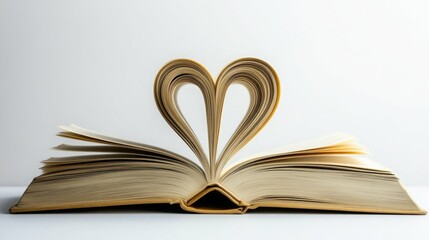 Open book forming a heart shape with its pages. A symbol of love for reading.