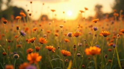 A serene field of vibrant wildflowers glowing under the golden light of sunrise, creating a tranquil and picturesque scene, ideal for nature and seasonal themes.