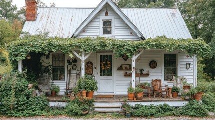 Charming White Cottage with Lush Greenery