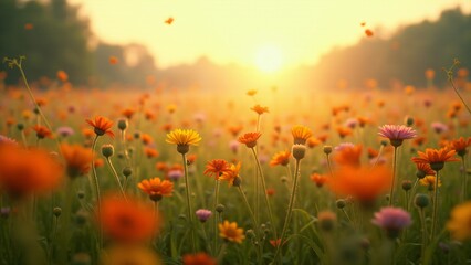 Fototapeta premium A serene field of vibrant wildflowers glowing under the golden light of sunrise, creating a tranquil and picturesque scene, ideal for nature and seasonal themes.