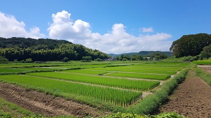 A lush rice paddy field with neat, under a bright, sunny sky, green rows stretching into the horizon.