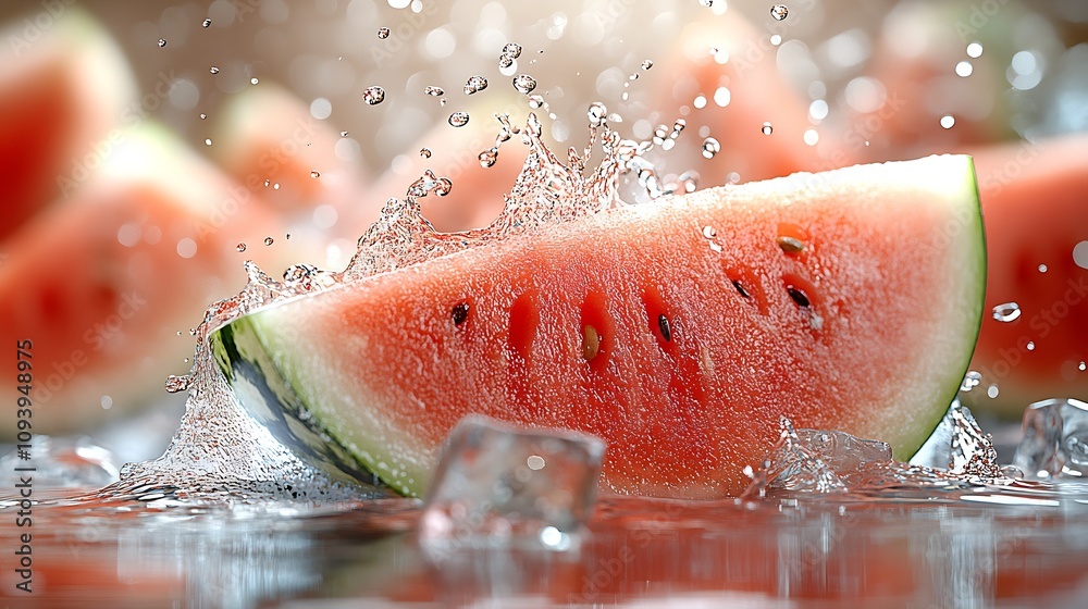 Poster crisp watermelon wedge caught mid splash in a refreshing display of summer coolness : generative ai