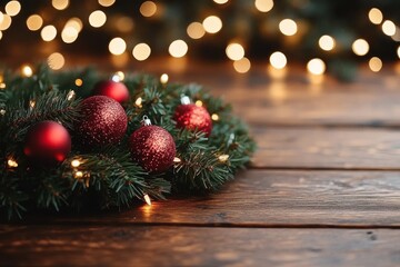 Christmas Wreath with Red Baubles and Pine Needles on Wooden Table with Bokeh Lights Background