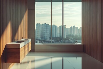 Fototapeta premium Modern bathroom interior with large window overlooking cityscape.