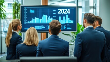 A group of professionals in suits analyzing data displayed on a screen, focusing on statistics and projections for the year 2024.