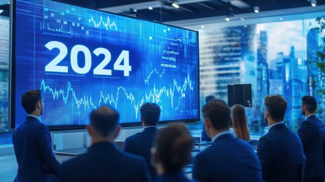 A business presentation in 2024, showcasing graphs and data on a large screen, with professionals attentively observing in a modern conference setting.