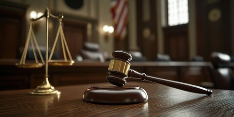 Gavel and Scale of Justice on Judge's Table in Courtroom with Wooden Surface and American Flag in Background, Symbolizing Law and Order