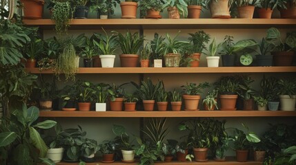 Variety of lush green potted plants arranged on wooden shelves, creating a calming indoor garden.
