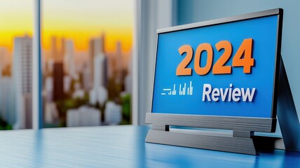 A modern desk display features "2024 Review" against a city skyline backdrop, capturing an optimistic look towards the upcoming year at sunset. 3D illustration