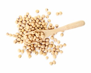 Spoon with soy beans isolated on white, top view