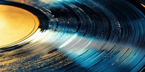 Close-Up of a Vintage Vinyl Record Reflecting Light with Colorful Hue Creating an Artistic Effect on a Turntable in a Cozy Atmosphere