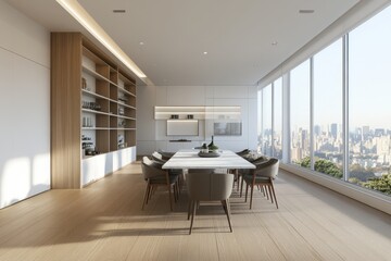 Fototapeta premium Modern dining room with large windows overlooking a city skyline, featuring a white table and grey chairs, wooden floors, and a built-in bookshelf.