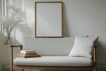 Minimalist living room with light gray sofa and wooden armrests, empty picture frame, books, and glass vase with flowers