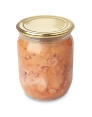 Canned meat in glass jar isolated on white